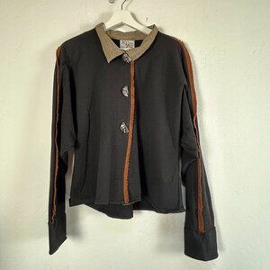 XIAO Black Button-Up Shirt Womens XL Long Sleeve Brown Trim Beige Collar Artsy